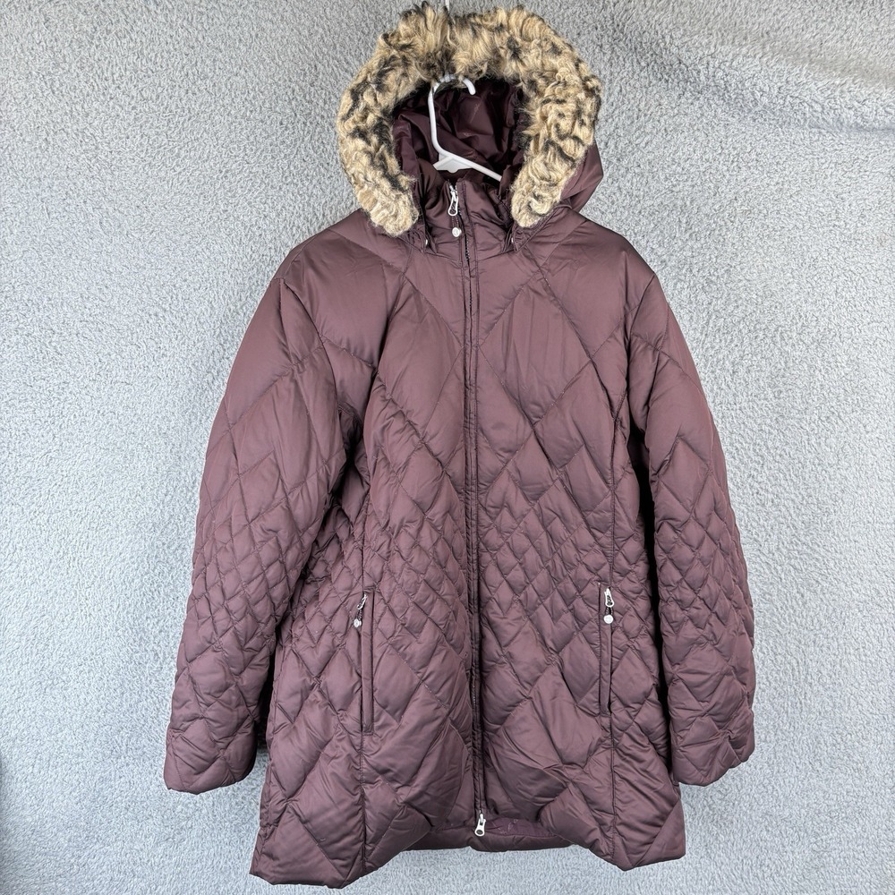 Eddie Bauer Quilted Hooded Puffer Coat with Faux-Fur Trim - Plum